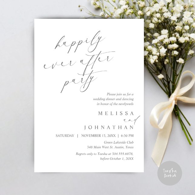Convite Feliz Festa Depois, Janto de Elopemento de Casamen (Happily Ever After Party, Wedding Elopement Dinner Invitation Card, PDF, in Dark Grey)