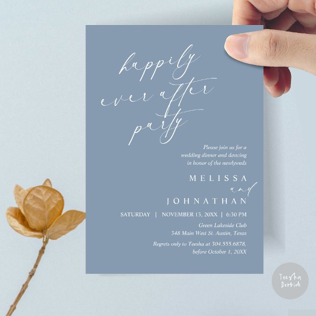 Convite Feliz Festa Depois, Janto de Elopemento de Casamen (Happily Ever After Party, Wedding Elopement Dinner Invitation Card, PDF, in Dusty Blue)