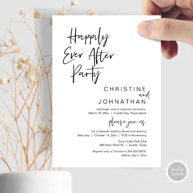 Convite Feliz Festa Depois, Janto de Elopemento de Casamen (Happily Ever After Party, Wedding Elopement Dinner Invitation Card, in minimalist Black and White.)