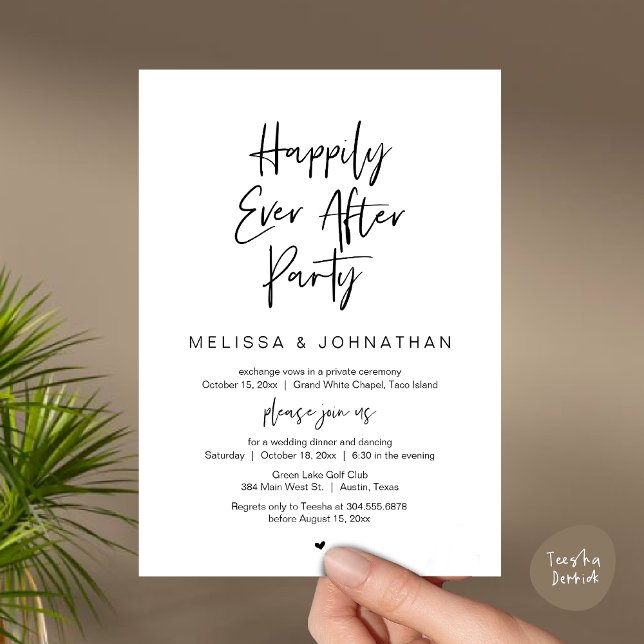 Convite Feliz Festa Depois, Janto de Elopemento de Casamen (Happily Ever After Party, Wedding Elopement Dinner Brunch Lunch Invitation Card, PDF, White Black)