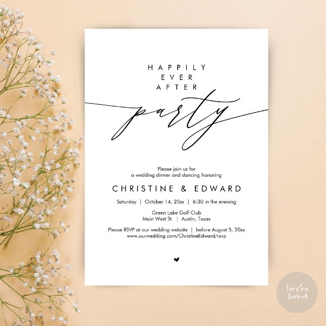 Convite Feliz Festa Depois, Janto Moderno de Casamento (Happily Ever After Party, Modern Minimalist Wedding Dinner Invitation Card, PDF, Black and White)