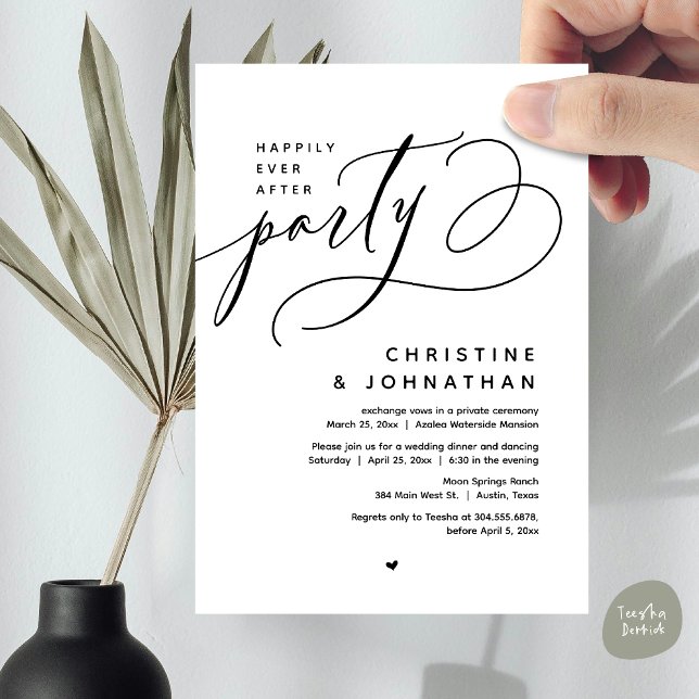 Convite Feliz Festa Depois, Janto Moderno de Casamento (Romantic Happily Ever After Party, Modern Wedding Dinner Invitation Card, PDF, Black White)