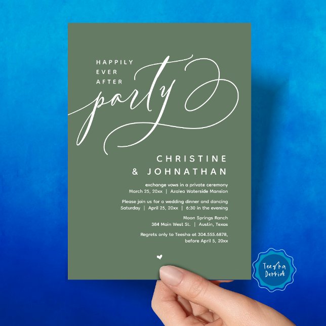 Convite Feliz Festa Depois, Janto Moderno de Casamento (Romantic Happily Ever After Party, Modern Wedding Dinner Invitation Card, PDF, Forest Sage Green)