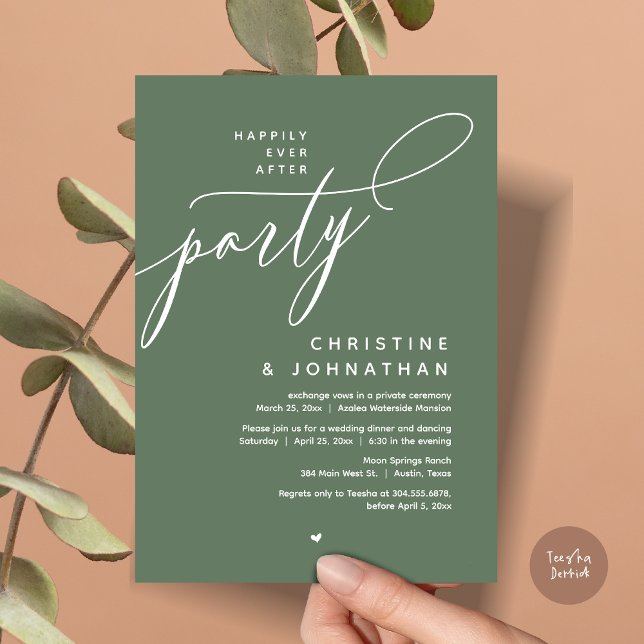 Convite Feliz Festa Depois, Janto Moderno de Casamento (Romantic Happily Ever After Party, Modern Wedding Dinner Invitation Card, PDF, Forest Sage Green)