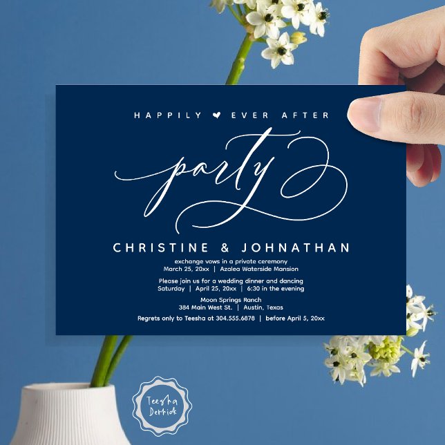 Convite Feliz Festa Depois, Janto Moderno de Casamento (Happily Ever After Party, Modern Wedding Dinner Invitation Card, Modern Romantic, PDF, Navy Blue)