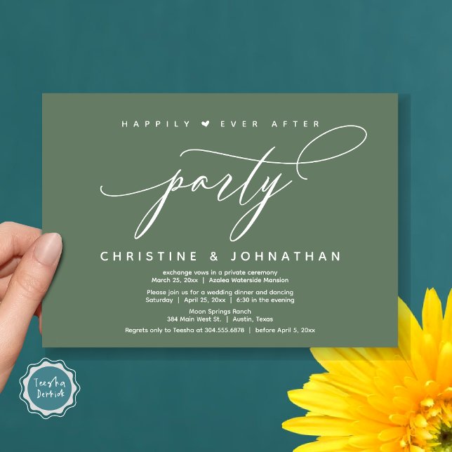 Convite Feliz Festa Depois, Janto Moderno de Casamento (Happily Ever After Party, Modern Wedding Dinner Invitation Card, Modern Romantic, PDF, Sage Green)