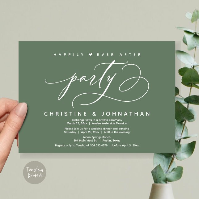 Convite Feliz Festa Depois, Janto Moderno de Casamento (Happily Ever After Party, Modern Wedding Dinner Invitation Card, Modern Romantic, PDF, Sage Green)