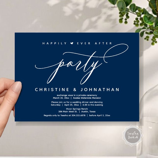 Convite Feliz Festa Depois, Janto Moderno de Casamento (Happily Ever After Party, Modern Wedding Dinner Invitation Card, Modern Romantic, PDF, Navy Blue)
