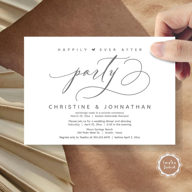 Convite Feliz Festa Depois, Janto Moderno de Casamento (Happily Ever After Party, Modern Wedding Dinner Invitation Card, Modern Romantic, PDF, Dark Grey)