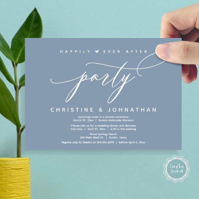 Convite Feliz Festa Depois, Janto Moderno de Casamento (Happily Ever After Party, Modern Wedding Dinner Invitation Card, Modern Romantic, PDF, Dusty Blue)