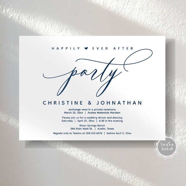 Convite Feliz Festa Depois, Janto Moderno de Casamento (Happily Ever After Party, Modern Wedding Dinner Invitation Card, Modern Romantic, PDF, Navy Blue)