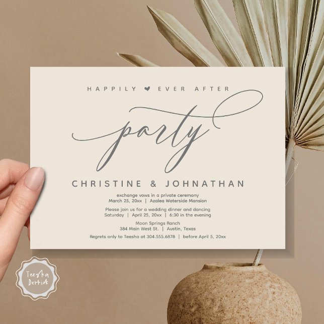 Convite Feliz Festa Depois, Janto Moderno de Casamento (Happily Ever After Party, Modern Wedding Dinner Invitation Card, Modern Romantic, PDF, Cream Grey)