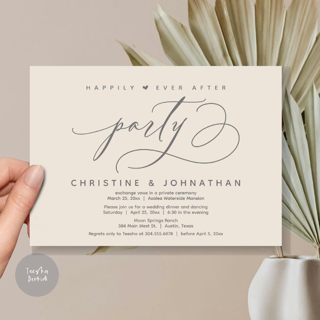 Convite Feliz Festa Depois, Janto Moderno de Casamento (Happily Ever After Party, Modern Wedding Dinner Invitation Card, Modern Romantic, PDF, Cream Grey)