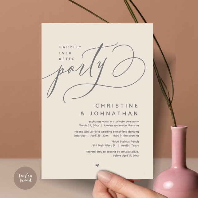 Convite Feliz Festa Depois, Janto Moderno de Casamento (Romantic Happily Ever After Party, Modern Wedding Dinner Invitation Card, PDF, Cream Grey)