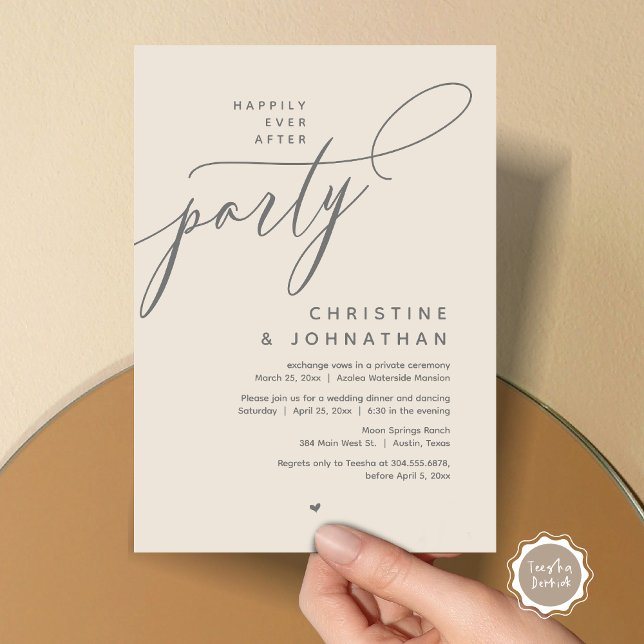 Convite Feliz Festa Depois, Janto Moderno de Casamento (Romantic Happily Ever After Party, Modern Wedding Dinner Invitation Card, PDF, Cream Grey)