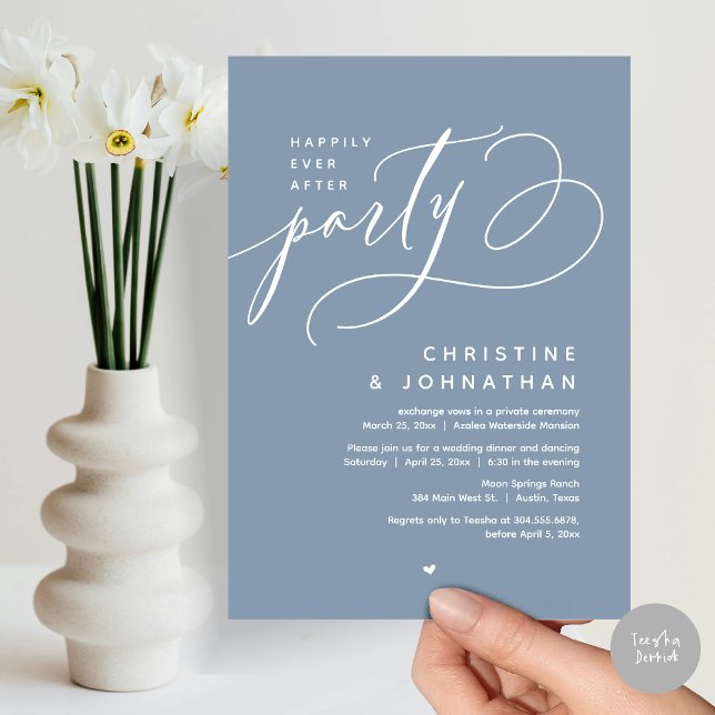 Convite Feliz Festa Depois, Janto Moderno de Casamento (Romantic Happily Ever After Party, Modern Wedding Dinner Invitation Card, PDF, Dusty Blue)