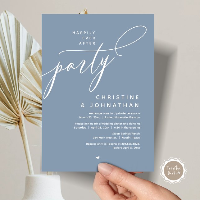 Convite Feliz Festa Depois, Janto Moderno de Casamento (Romantic Happily Ever After Party, Modern Wedding Dinner Invitation Card, PDF, Dusty Blue)