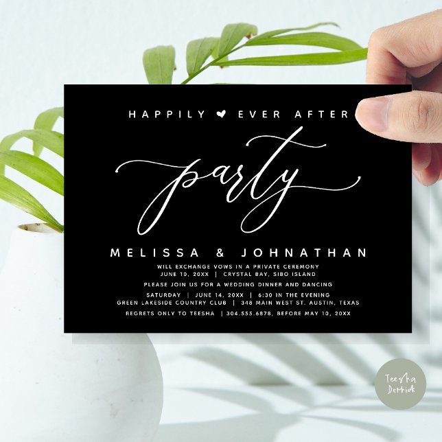 Convite Feliz Festa Depois, Janto Negra De Casamento (Modern Romantic Wedding Elopement Happily Ever After Dinner Party Invitation Card, PDF, Classy Black)