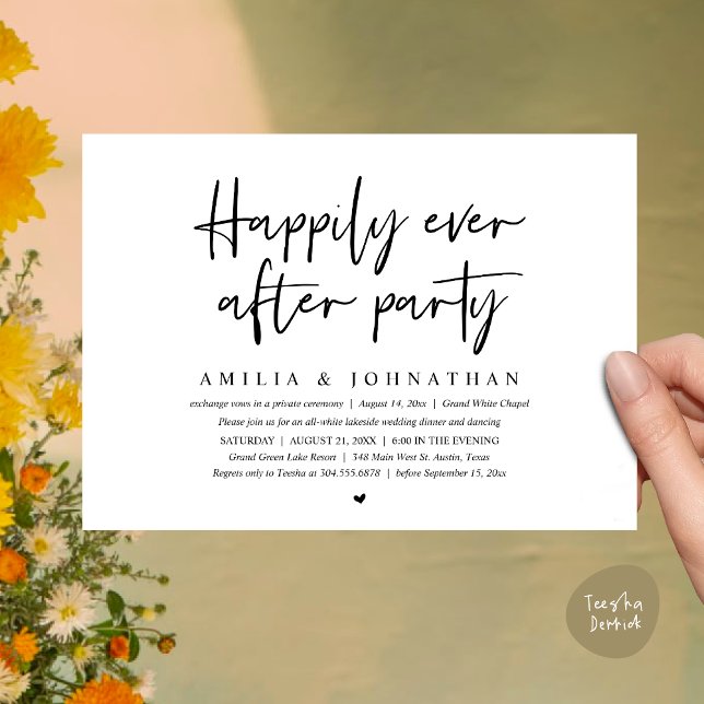 Convite Feliz Festa Depois, Janto Romântico de Casamento (Happily Ever After Party, After the wedding celebration Romantic Dinner Invites Card PDF White Black)