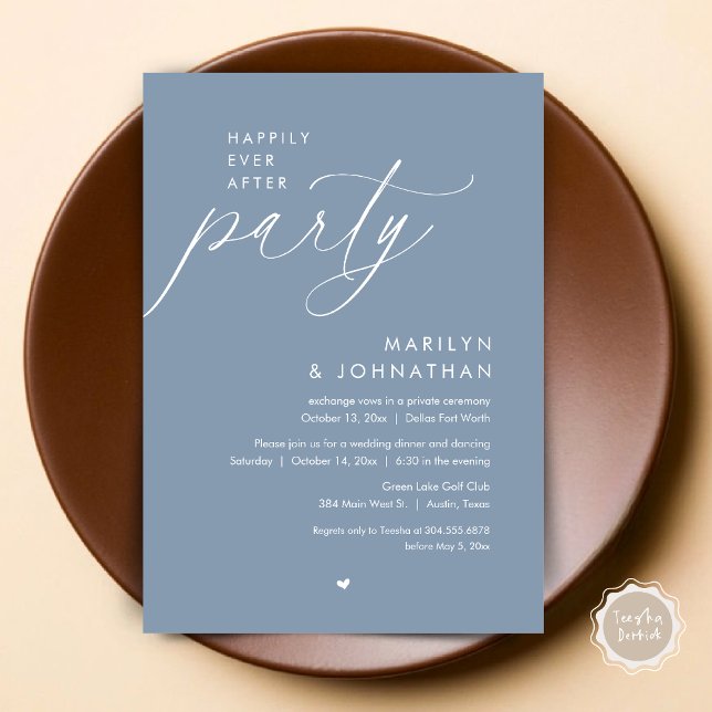 Convite Feliz Festa Depois, Janto Romântico de Casamento (Happily Ever After Party, Modern Romantic Wedding Dinner Invitation Card, PDF, in Dusty Blue)