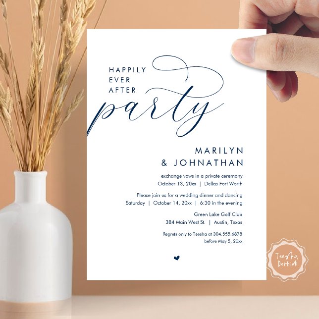 Convite Feliz Festa Depois, Janto Romântico de Casamento (Happily Ever After Party, Modern Romantic Wedding Dinner Invitation Card, PDF, in Navy Blue)