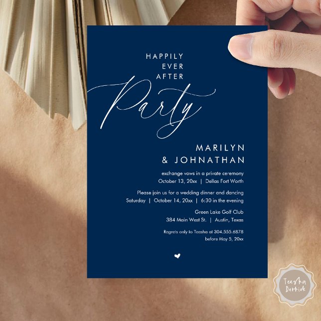Convite Feliz Festa Depois, Janto Romântico de Casamento (Happily Ever After Party, Modern Romantic Wedding Dinner Invitation Card, PDF, in Navy Blue)