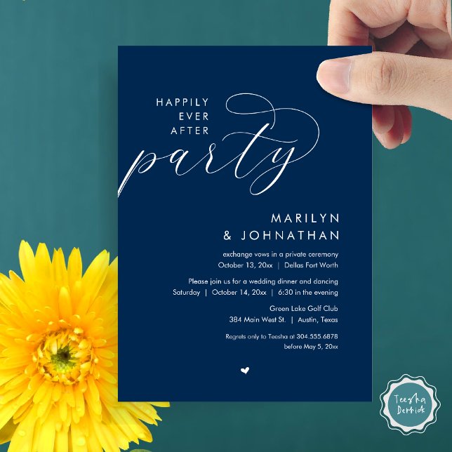 Convite Feliz Festa Depois, Janto Romântico de Casamento (Happily Ever After Party, Modern Romantic Wedding Dinner Invitation Card, PDF, in Navy Blue)
