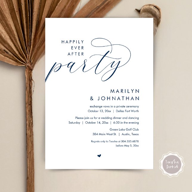 Convite Feliz Festa Depois, Janto Romântico de Casamento (Happily Ever After Party, Modern Romantic Wedding Dinner Invitation Card, PDF, in Navy Blue)