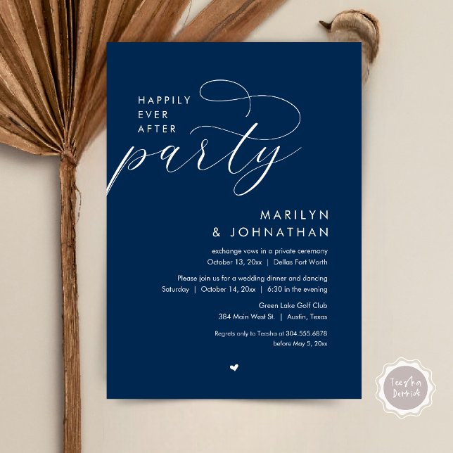 Convite Feliz Festa Depois, Janto Romântico de Casamento (Happily Ever After Party, Modern Romantic Wedding Dinner Invitation Card, PDF, in Navy Blue)