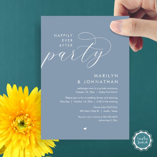 Convite Feliz Festa Depois, Janto Romântico de Casamento (Happily Ever After Party, Modern Romantic Wedding Dinner Invitation Card, PDF, in Dusty Blue)