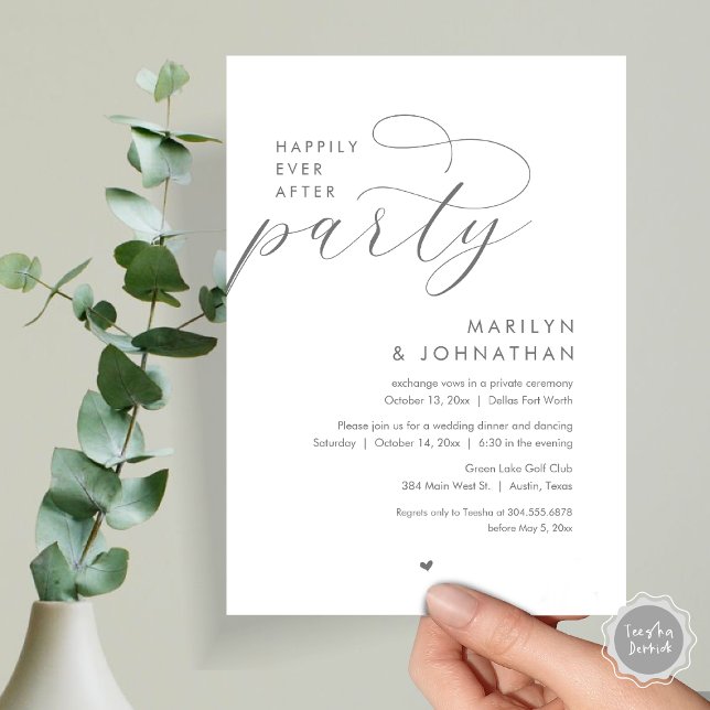 Convite Feliz Festa Depois, Janto Romântico de Casamento (Happily Ever After Party, Modern Romantic Wedding Dinner Invitation Card, PDF, in Dark Grey)