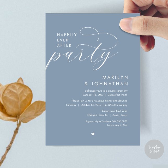 Convite Feliz Festa Depois, Janto Romântico de Casamento (Happily Ever After Party, Modern Romantic Wedding Dinner Invitation Card, PDF, in Dusty Blue)
