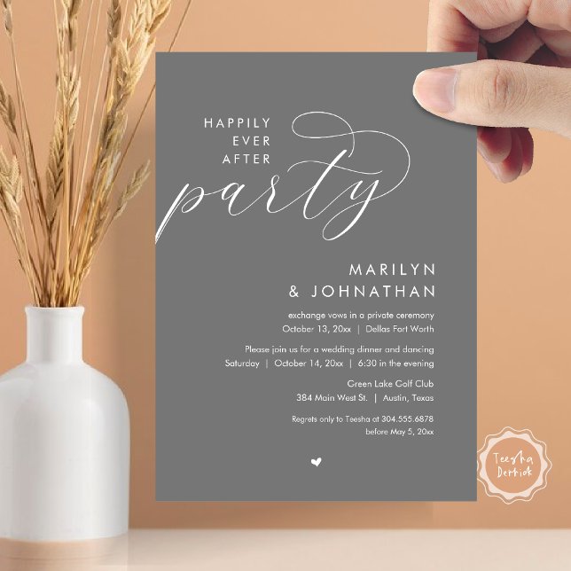 Convite Feliz Festa Depois, Janto Romântico de Casamento (Happily Ever After Party, Modern Romantic Wedding Dinner Invitation Card, PDF, in Dark Grey)