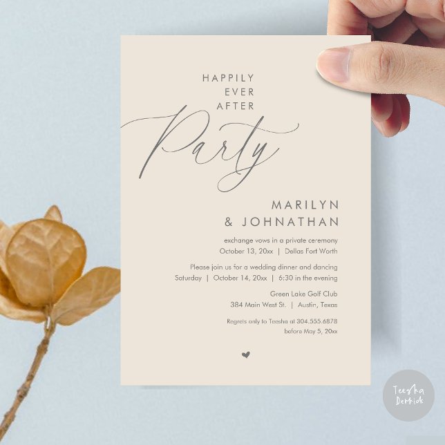 Convite Feliz Festa Depois, Janto Romântico de Casamento (Happily Ever After Party, Modern Romantic Wedding Dinner Invitation Card, PDF, in Dark Grey Cream)