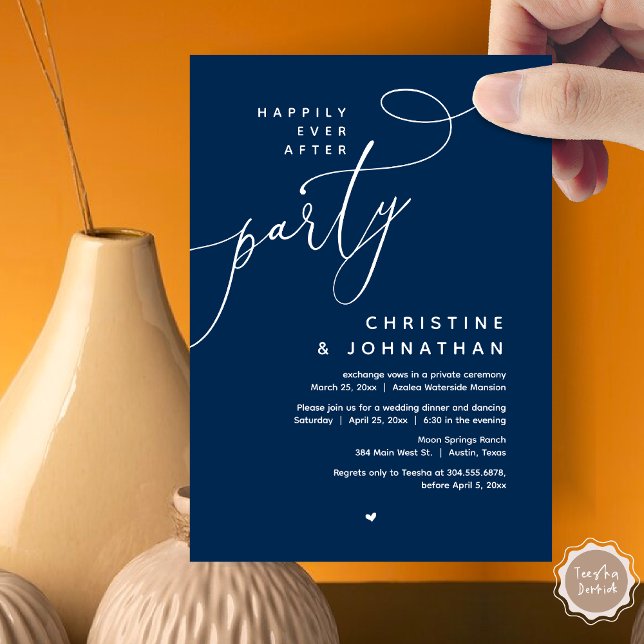 Convite Feliz Festa Depois, Janto Romântico de Casamento (Romantic Happily Ever After Party, Modern Wedding Dinner Invitation Card, PDF, Classy Navy Blue)