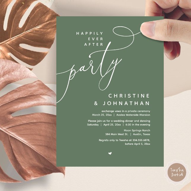 Convite Feliz Festa Depois, Janto Romântico de Casamento (Romantic Happily Ever After Party, Modern Wedding Dinner Invitation Card, PDF, Forest Sage Green)