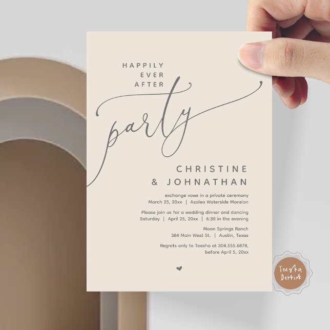 Convite Feliz Festa Depois, Janto Romântico de Casamento (Romantic Happily Ever After Party, Modern Wedding Dinner Invitation Card, PDF, Cream Grey)