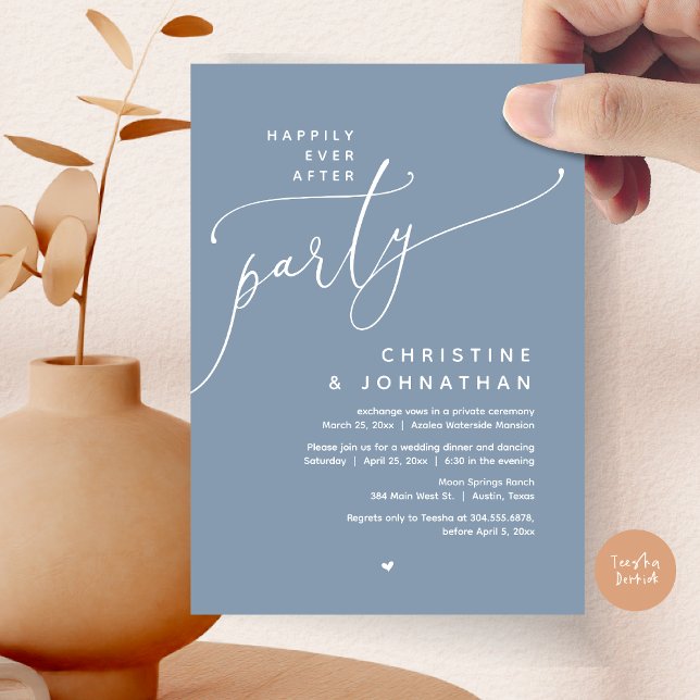 Convite Feliz Festa Depois, Janto Romântico de Casamento (Romantic Happily Ever After Party, Modern Wedding Dinner Invitation Card, PDF, Dusty Blue)