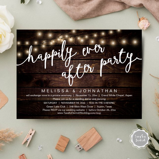Convite Feliz Festa Depois, Janto Russo De Casamento (Happily Ever After Party, Rustic Wedding Dinner Invitation Card, PDF, Cottage Brown Wood Graphic)