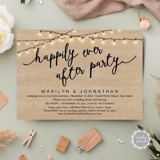 Convite Feliz Festa Depois, Janto Russo De Casamento (Happily Ever After Party, Rustic Wedding Dinner Dancing Invitation Card, PDF, Brown Wood Background)
