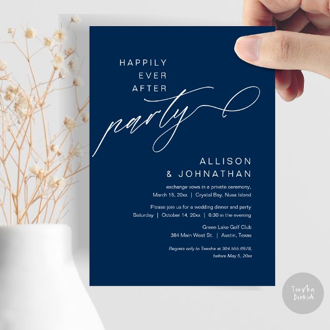 Convite Feliz Festa Depois, Moderno Elopemento De Casament (Happily Ever After Party, Modern Wedding Elopement Dinner Invitation Card, PDF, Navy Blue)