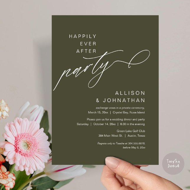 Convite Feliz Festa Depois, Moderno Elopemento De Casament (Happily Ever After Party, Modern Wedding Elopement Dinner Invitation Card, PDF, Olive green)