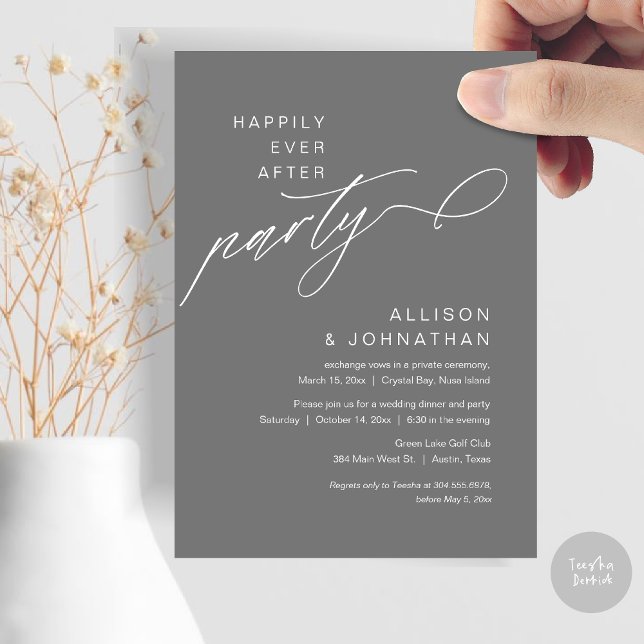 Convite Feliz Festa Depois, Moderno Elopemento De Casament (Happily Ever After Party, Modern Wedding Elopement Dinner Invitation Card, PDF, Dark Grey)