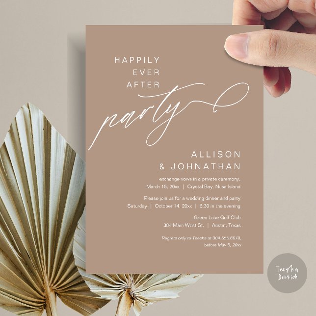 Convite Feliz Festa Depois, Moderno Elopemento De Casament (Happily Ever After Party, Modern Wedding Elopement Dinner Invitation Card, PDF, Warm Taupe)