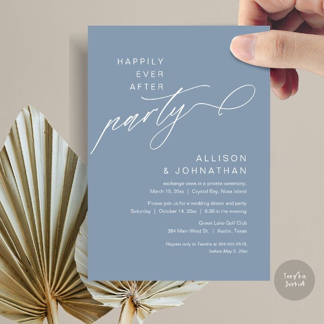 Convite Feliz Festa Depois, Moderno Elopemento De Casament (Happily Ever After Party, Modern Wedding Elopement Dinner Invitation Card, PDF, Dusty Blue)