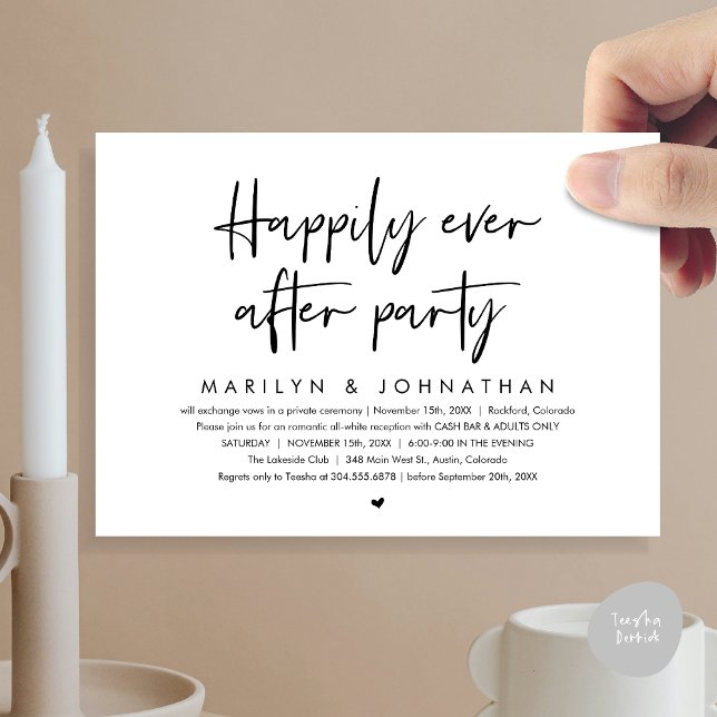 Convite Feliz Festa Depois, Recepção de casamento (Happily Ever After Party, Modern Wedding Reception Invitation Card, PDF, Cash Bar in Black White)