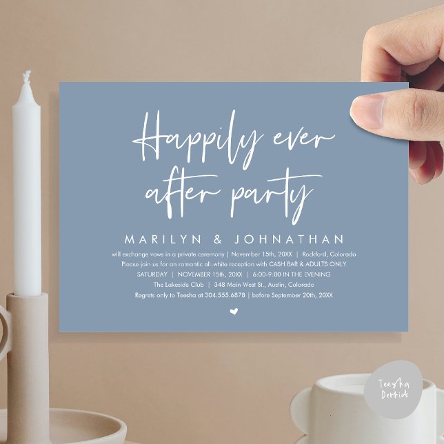 Convite Feliz Festa Depois, Recepção de casamento (Happily Ever After Party, Modern Wedding Reception Invitation Card, PDF, Cash Bar in Dusty Blue)