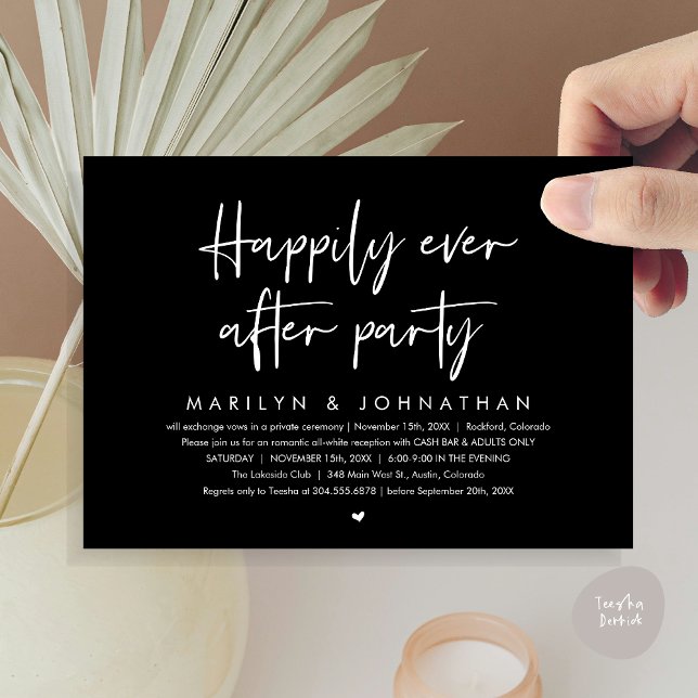 Convite Feliz Festa Depois, Recepção de casamento (Happily Ever After Party, Modern Wedding Reception Invitation Card, PDF, Cash Bar in Classy Black)