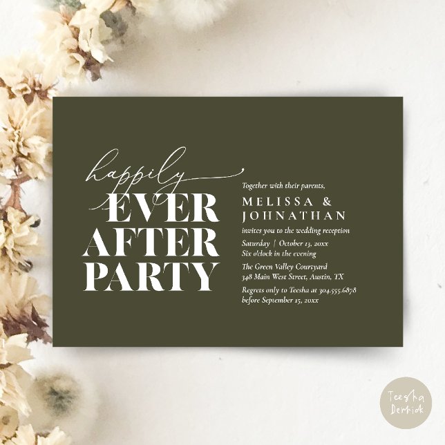 Convite Feliz Festa Depois, Recepção de casamento Moderna (Happily Ever After Party, Modern Wedding Reception Dinner Invitation Card pdf Olive Green)