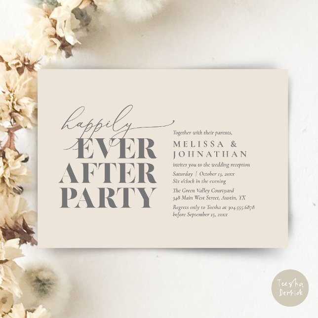 Convite Feliz Festa Depois, Recepção de casamento Moderna (Happily Ever After Party, Modern Wedding Reception Dinner Invitation Card pdf Cream Grey)